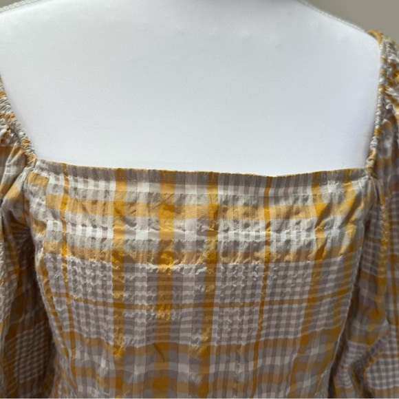 MAEVE ANTHROPOLOGIE PLAID SQUARE-NECK PUFF SLEEVE SMOCKED BLOUSE TOP SIZE: M - Picture 4 of 11